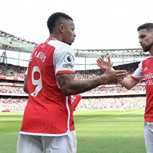 Arsenal's Gabriel Jesus and Jorginho Share a Moment Before Arsenal v Wolverhampton Wanderers (2022-23)