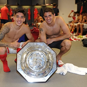 Arsenal's Hector Bellerin and Emiliano Martinez Celebrate Community Shield Victory over Chelsea