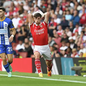 Arsenal's Kieran Tierney Throws In: Arsenal FC vs Brighton & Hove Albion, Premier League 2022-23