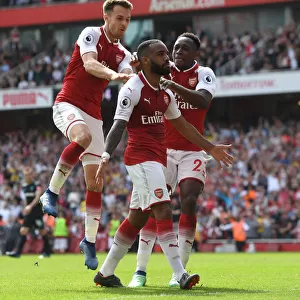 Arsenal's Lacazette, Welbeck, and Ramsey Celebrate Goals Against West Ham