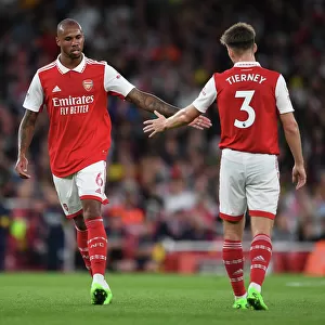 Arsenal's Magalhaes and Tierney Celebrate Victory: Arsenal FC vs Aston Villa, 2022-23 Premier League