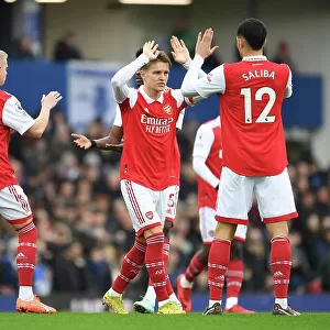 Arsenal's Martin Odegaard and William Saliba Pre-Match Huddle vs Everton, Premier League 2022-23