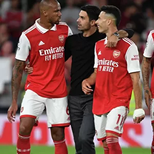 Arsenal's Mikel Arteta Celebrates with Gabriel and Gabriel Martinelli after Arsenal v Aston Villa (2022-23)