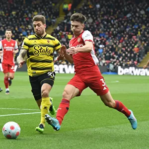 Kieran Tierney Clashes with Opponent in Watford vs Arsenal Premier League Match, 2021-22