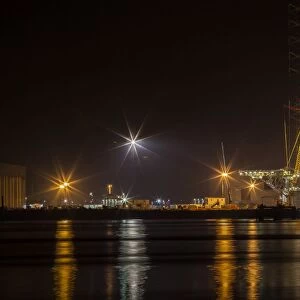 A night-time view of the fabrication yard at Nigg Point in Scotland