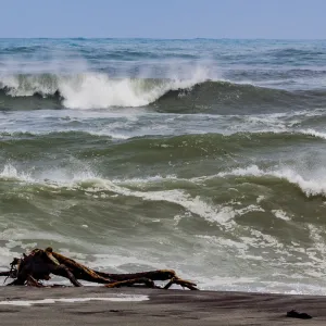 A sea-borne log on the beach at Hokitika in West Coast, New Zealand