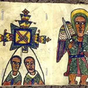 19th century Ethiopian manuscript showing angel with a sword (right) and two male figures