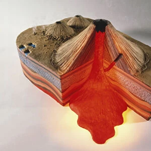3D model of erupting volcano with cross-section illustrating underground rock and magma layers