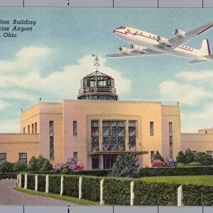 Airplane Taking off at Cleveland Hopkins Airport. ca. 1951, Cleveland, Ohio, USA, C51--Administration Building Cleveland Hopkins Airport Cleveland, Ohio. The Cleveland Hopkins Airport is one of the busiest in the world with over 1, 600, 000 passengers per year. All administrative and operation control is handled in this building