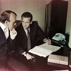 Alexei yeliseev and vitaly sevastianov in discussion prior to the soyuz 10 mission, 1971