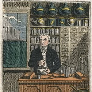 The Apothecary using pestle and mortar to prepare drugs, 1823. From The Book of English Trades