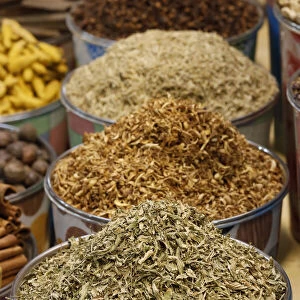 Arabian spices on display in a shop in the spice souk in Deira. Dubai. United Arab Emirates