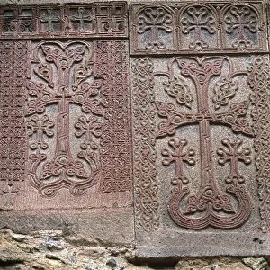 Armenia, Geghard Monastery, three Khachkars, carved tombstones