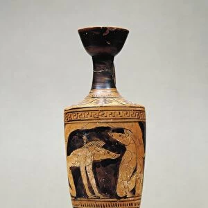 Attic lekythos depicting two companions of Ulysses turned into swine by Circewitch, red-figure pottery