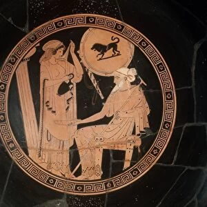 Attica Red figured Kylix (tondo) attributed to Brygos Painter (500-490 b. C), Bryseide pouring wine to Phoenician