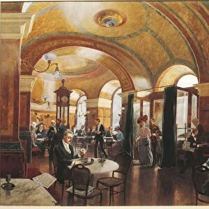 Austria, Vienna, Watercolor painting of Interior of a cafe