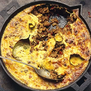 Bobotie, spiced mince baked with savoury custard, from South Africa