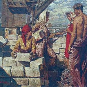 Building New Moscow oil on canvas by V. Ryabinin, c1950. Men and women construction