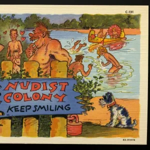 Cartoon of a Nudist Camp. ca. 1936, WE ARE LIVING IN A NUDE DAY