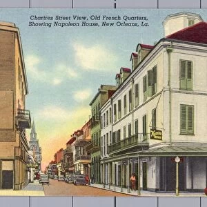 Chartres Street. ca. 1940, New Orleans, Louisiana, USA, Chartres Street View, Old French Quarters, Showing Napoleon House, New Orleans, La. NAPOLEON HOUSE, NEW ORLEANS. Also known as the Girod House, erected more than 100 years ago as a refuge for the Emperor Napoleon, who was to be brought to New Orleans from St. Helena by a rescue expedition organized under the leadership of Nicholas Girod. Bonapartes death thwarted the plans. Two doors down on Chartres street is another house which claims the distinction of having been erected as a refuge for Napoleon. Both houses have the backing of local historians. NEW ORLEANS--AMERICAs MOST INTERESTING CITY