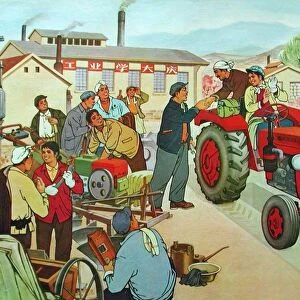 Chinese political poster depicting a group of collective farmers in Communist China