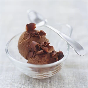 Chocolate sorbet topped with chocolate shavings, close up