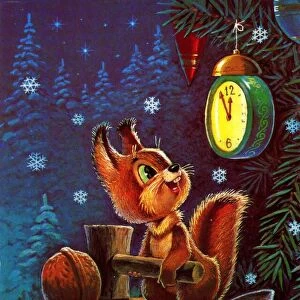 Under the Christmas tree squirrel looks at his watch and preparing to break a walnut with a hammer