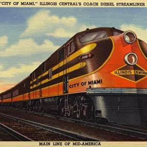 City of Miami Streamliner. ca. 1947, USA, CITY OF MIAMI, ILLINOIS CENTRALs COACH DIESEL STREAMLINER, MAIN LINE OF MID-AMERICA. CITY OF MIAMI, Illinois Centrals Luxury Coach Diesel Streamliner. Departures every third day from Chicago and Miami