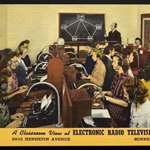 Classroom at Electronic Radio Television Institute. ca. 1944, Minneapolis, Minnesota, USA, I am training for a thrilling airline position with THE ELECTRONIC RADIO TELEVISION INSTITUTE, Inc. 2933 HENNEPIN AVENUE, MINNEAPOLIS 8, MINNESOTAjaand I like it. A Classroom View at ELECTRONIC RADIO TELEVISION INSTITUTE, Inc
