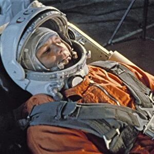 Cosmonaut yuri gagarin during last minute checks of vostok i control systems before launch, 1961