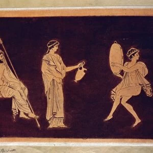 Dance and libation scene before Dionysus, drawing from vase, red-figure pottery, illustration