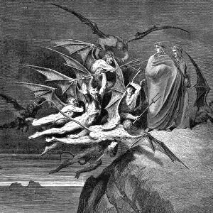 Dante and Virgil beset by demons on their passage through the eighth circle. Illustration