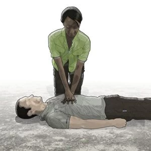 Digital composite of woman performing CPR on chest of male casualty