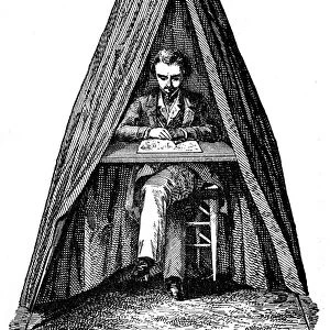 Drawing a landscape using a portable camera obscura in the form of a tent. From Dionysius