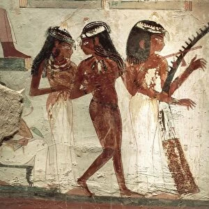 Egypt, Thebes, Luxor, Sheikh Abd al-Qurna necropolis, tomb of Nakht, detail of fresco depicting musicians at a funerary banquet, New Kingdom, Dynasty XVIII