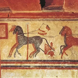 Etruscan fresco depicting chariot race, from Colle Casuccini tomb at Chiusi, Siena Province, Italy, 5th Century B. C