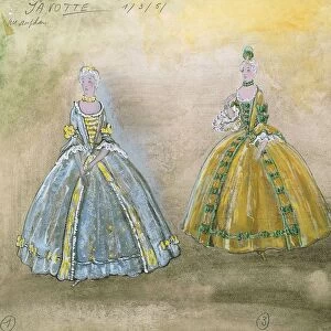 France, Paris, Costume sketch for Javotte in opera Manon by Jules Massenet (1842-1912), Performance at Paris Opera, July 16, 1974