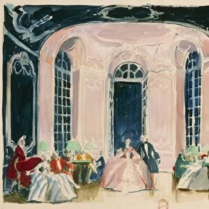 France, Paris, Hotel de Transylvanie gaming room, Set design for Act IV in opera Manon by Jules Massenet (1842-1912), performance at Paris Opera Comique, January 28, 1950