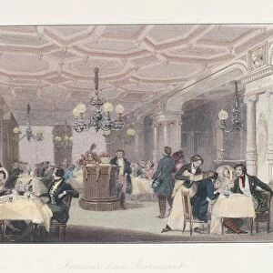 France, Paris, interior of Les Trois Freres Provencaux Restaurant with its Restoration era decor, from Winter in Paris, by Eugene Lami, 1842, Engraving