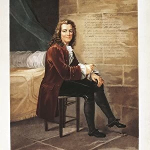 France, Paris, Portrait of Voltaire (1694-1778) at the Bastille, while writing the epic poem Henriade (1728) by Louis-Francois Charon (1783-1831), color engraving