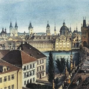Germany, Bayreuth, View of Prague with Charles Bridge, color print