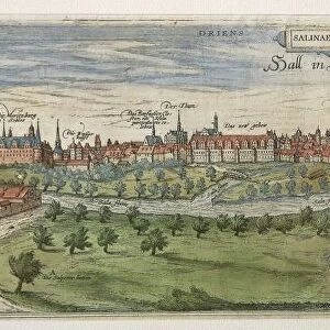 Germany, Halle, View of Halle an der Saale city (Halle on Saale river) engraving