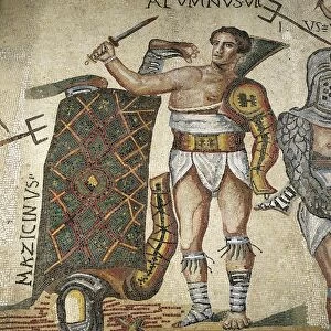 Gladiators fighting, mosaic work from Terranova near Tuscolo (Italy, Latium region). Detail