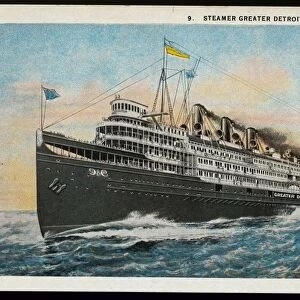 Greater Detroit Steamer. ca. 1925, DETROIT AND CLEVELAND NAVIGATION CO. New Steamer. GREATER DETROIT. Length, 550 feet. Width, 100 feet. Draught, 16 feet. Tonnage, 4, 500. Horsepower, 12, 000. Speed, 21 miles. 26 Parlors with Bath. 130 Staterooms with Toilets. Automobile Capacity, 125. 650 Staterooms. Crew of 300 Including Officers. The cost is approximately $3, 500, 000
