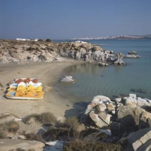 Greece, Paros, sandy cove of Kolymbithres beach, with colourful beach-boats
