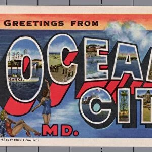 Greeting Card from Ocean City, Maryland. ca. 1944, Ocean City, Maryland, USA, Ocean City, Marylands eight million dollar resort seaport, was founded July 4th, 1875, by a tiny group of five Eastern Shore business men and has grown to accommodate fifty thousand vacationists. Its rise to national fame came in 1933, when a severe storm cut a natural inlet between the Atlantic Ocean and the Sinepuxent Bay