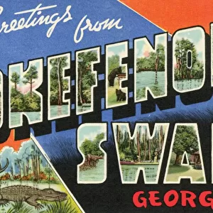 Greeting Card from Okefenokee Swamp. ca. 1941, Okefenokee Swamp, Georgia, USA, OKEFENOKEE SWAMP Land of Trembling Earth This 700-square mile swamp area abounds with wild life of deers, bears, alligators, rare birds, etc. Spanish Moss covered cypress trees help to make this spot of wilderness a truly impressive one. The Suwannee and St. Marys Rivers rise in the mysterious depths of this swamp