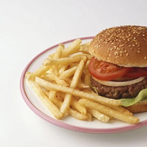 Hamburger and chips on plate