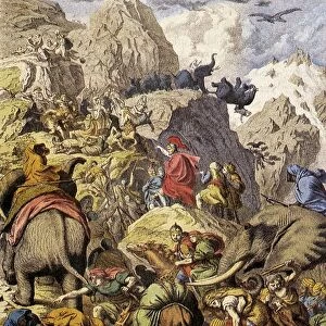 Hannibal crossing the Alps. Hannibal, (248-183 or 182 BC), Carthaginian military commander