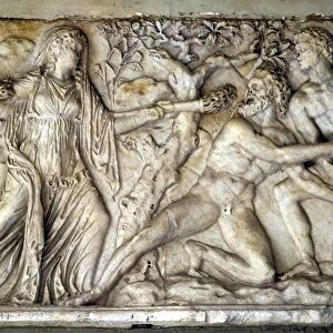 Hecate and Giants. Roman relief, after school of Pergamum. Hecate, triple goddess